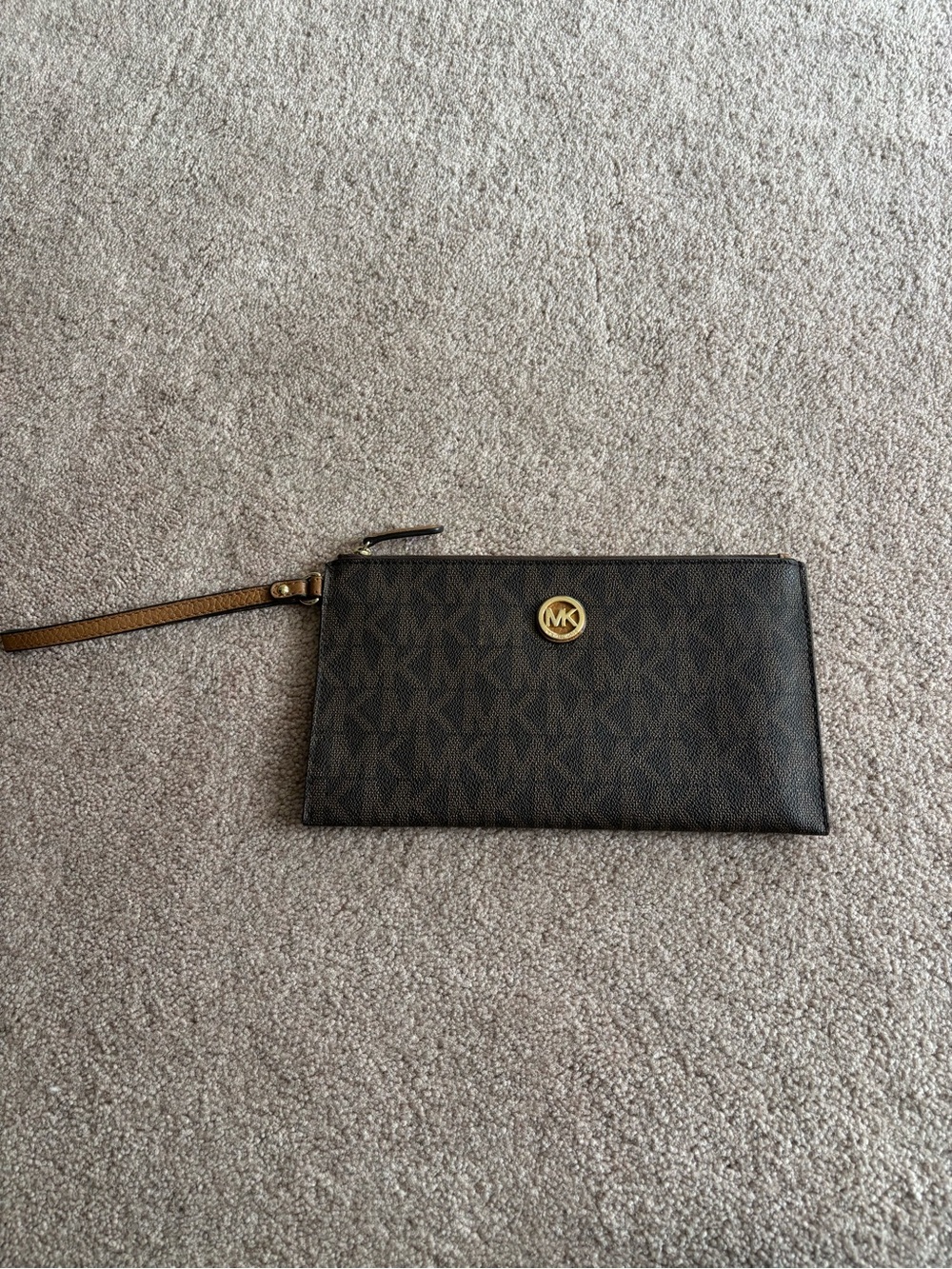 Michael Kors Dark Brown MK Logo Wristlet Clutch with Gold Accent